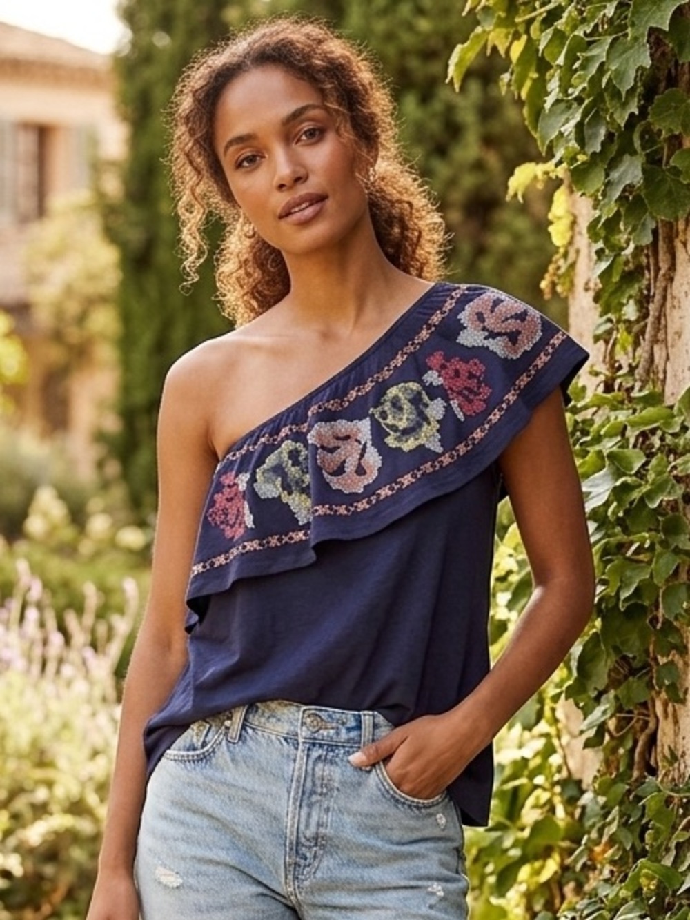 Hazel Sarazen Embroidered One Shoulder Boho Top Navy Large